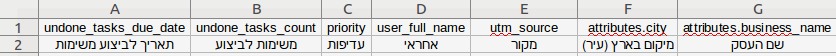 >בייצוא נתונים לאקסל, בשורה השניה יופיעו שמות השדות בעברית
