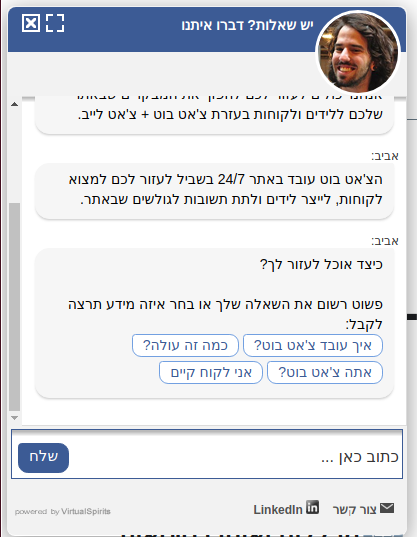 דוגמא לתצוגה של צ'אט בוט השתול באתר